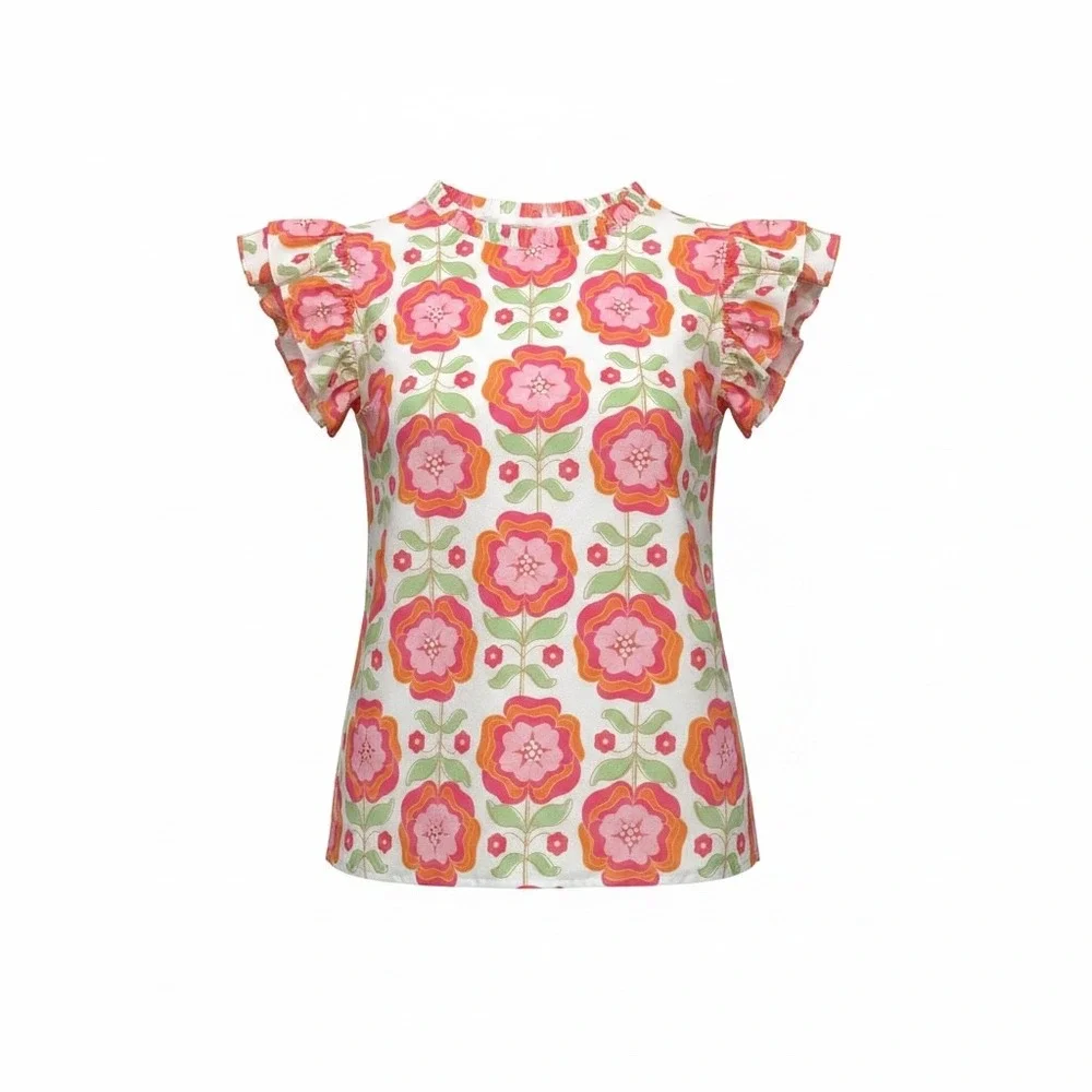Floral Ruffle Sleeve Blouse Pink Orange Retro Print Rickrack Trim Top XL